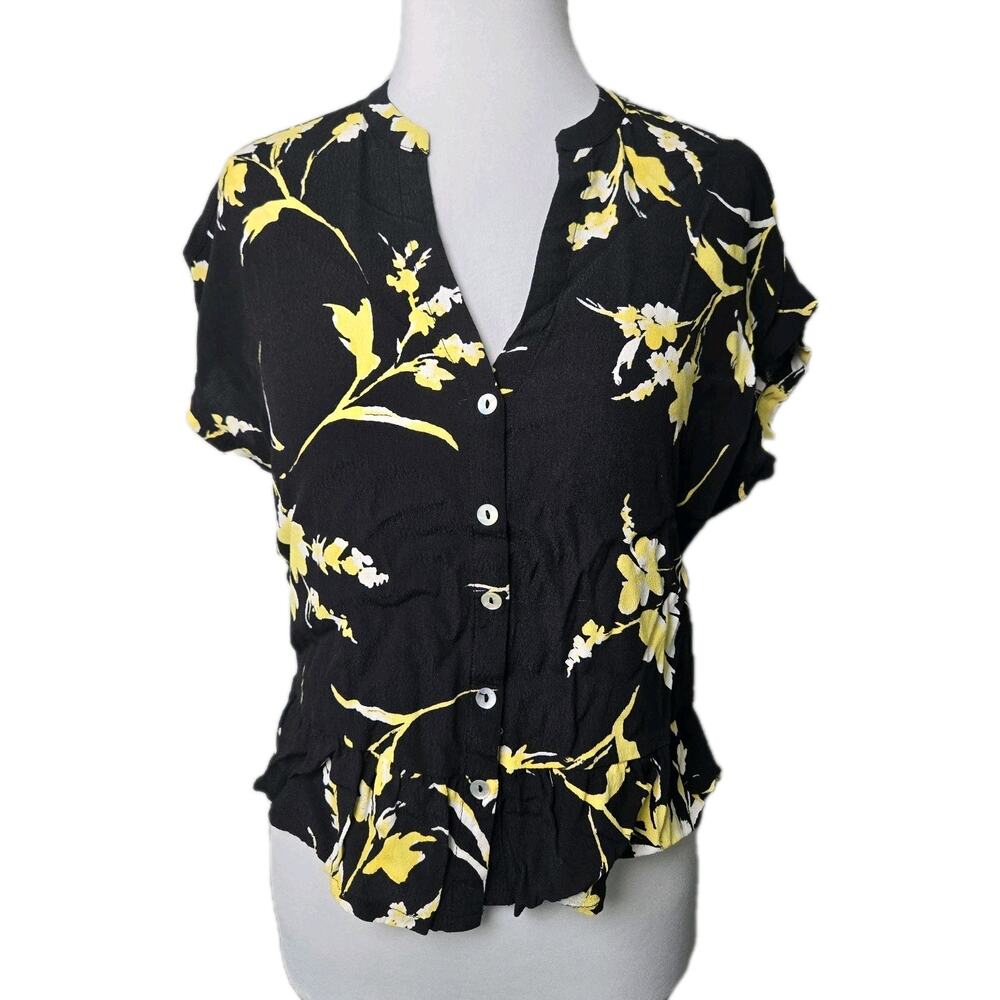 Knot Sisters Black & Yellow Floral Button Front Crop Top Size Small S
